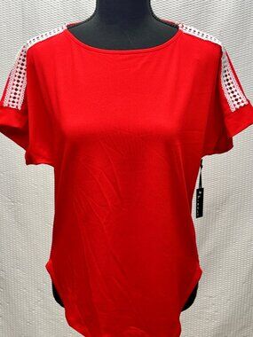3rd + Malt Lace Insert Blouse Red White Crochet Trim Women’s Small